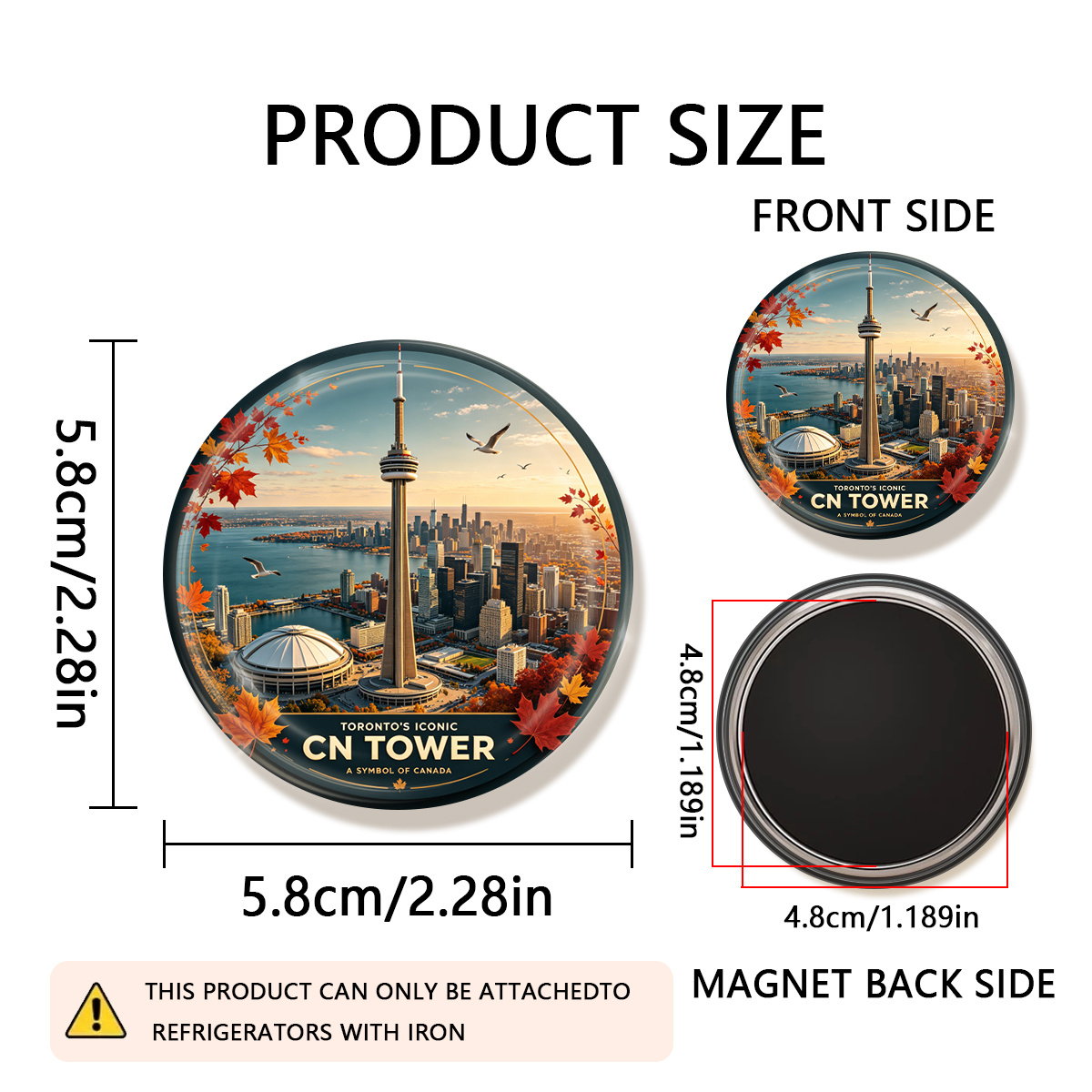 TEMU 1 aimant de réfrigérateur rond et durable 2D plat TORONTO'S ICONIC , un symbole du Canada, idéal pour des photos, des cartes postales, etc. au