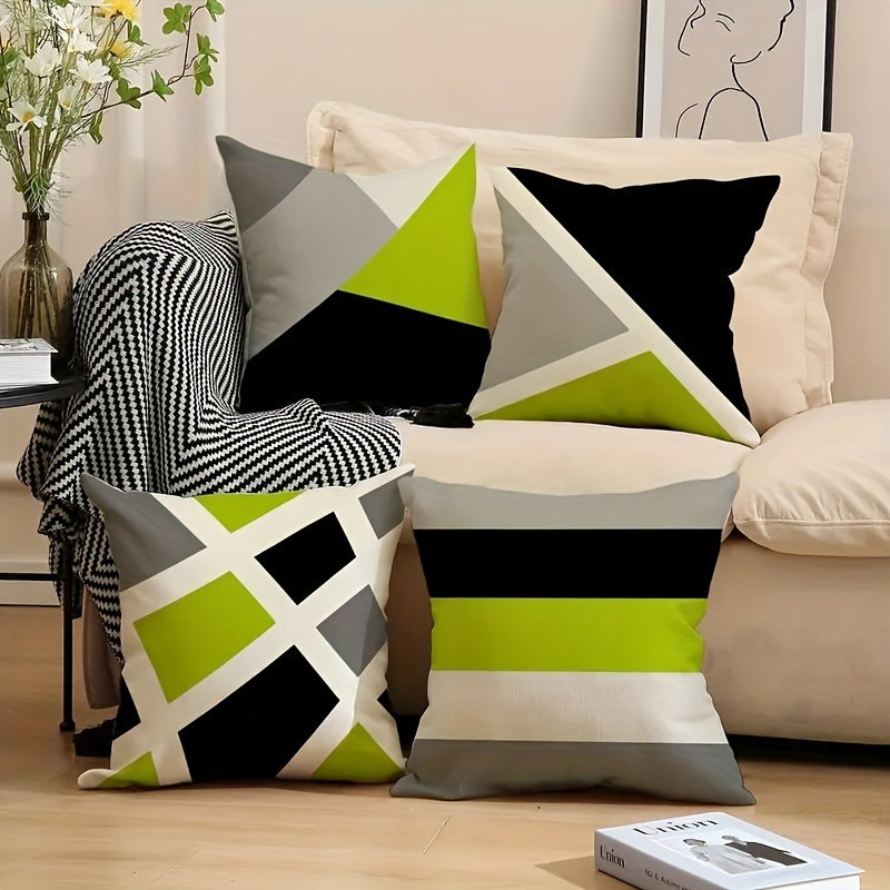 4pcs modern geometric print pillow covers green black white gray lime accents double sided soft fabric with zipper closure hand wash   sofa   room bedroom patio car office decor pillow covers for living room decorative gift item contemporary style comfortable texture home decor stylish decor durable cover accent pillows   Product details 2