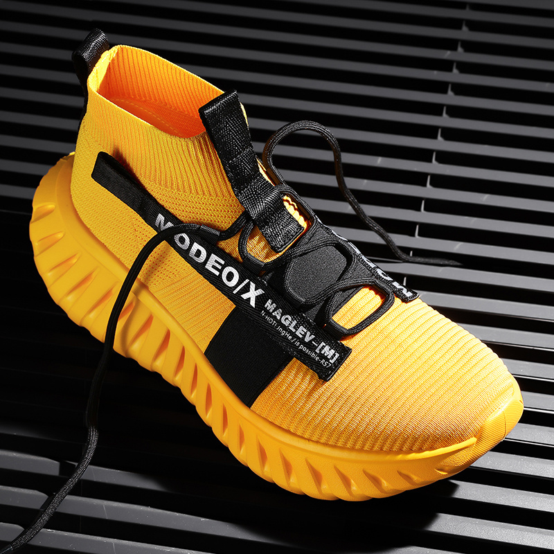Men'S Knitted Sneakers High Top Lace-Up Breathable Mesh Socks Shoes Men'S Outdoor Lightweight Running Shoes