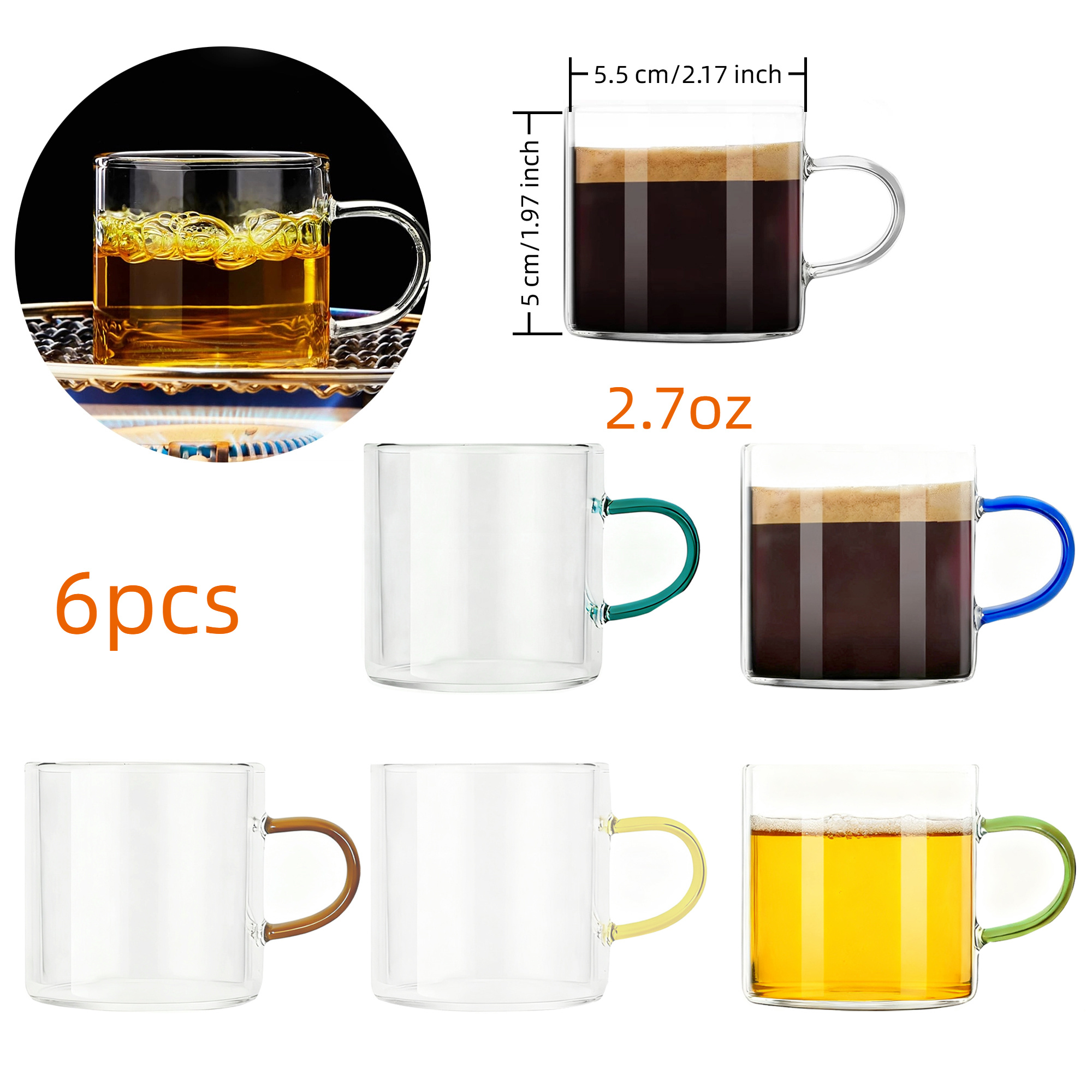 TEMU 6pcs Espresso Mug Set (80ml/2.7oz/120ml/4oz), Multi-colored Handle Mugs, 6 Mugs Per Set. Espresso Mugs, Glass Espresso Mugs With Handles, Clear