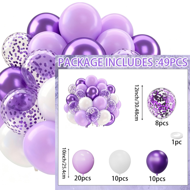 TEMU 49pcs Balloon Kit, Metallic Purple And Latex Balloons With Purple Confetti Balloons Kit, For Birthday, Shower, Bridal Shower, Wedding, Indoor