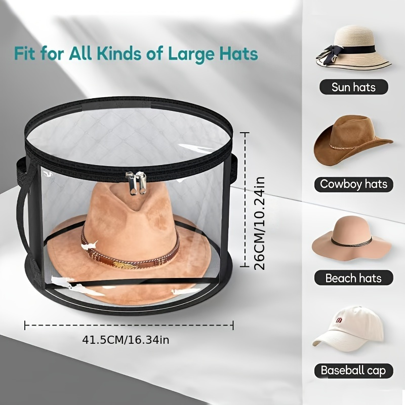 1pc   fabric hat storage organizer round stackable hat container with large front window portable zippered clothes storage basket for beach and brim hats details 2