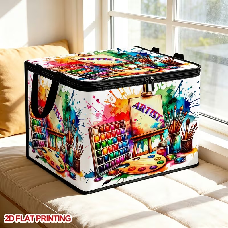 TEMU 1pc Large Foldable Zipper Storage Box, Colorful Pigment Paint Brush Art Graffiti Print, Large Capacity Storage Container, Can Store Clothing