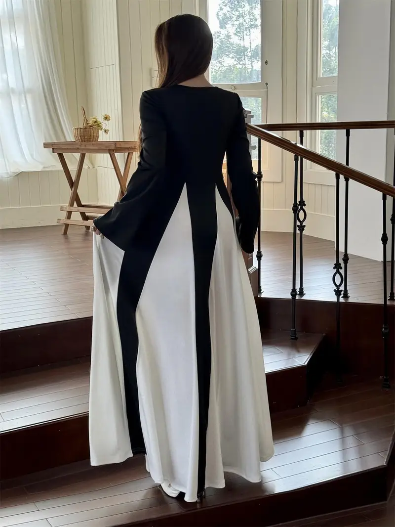 elegant black white contrast a line long sleeve kaftan abaya - Temu elegant black white contrast a line long sleeve kaftan abaya - Temu