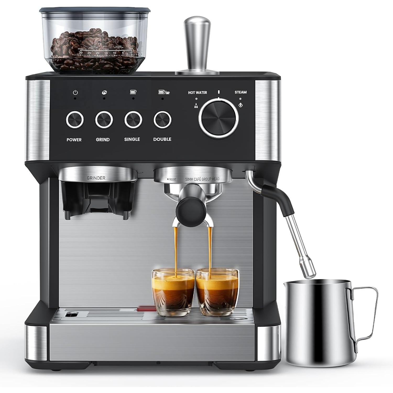 Image of Espresso Machine With Grinder And Milk Frother - 15 Bar Pump Pressure, 30 Grinding Levels, Quick Heating, 2.5 L Water Tank - For Espresso, Cappuccino, At Home And Office