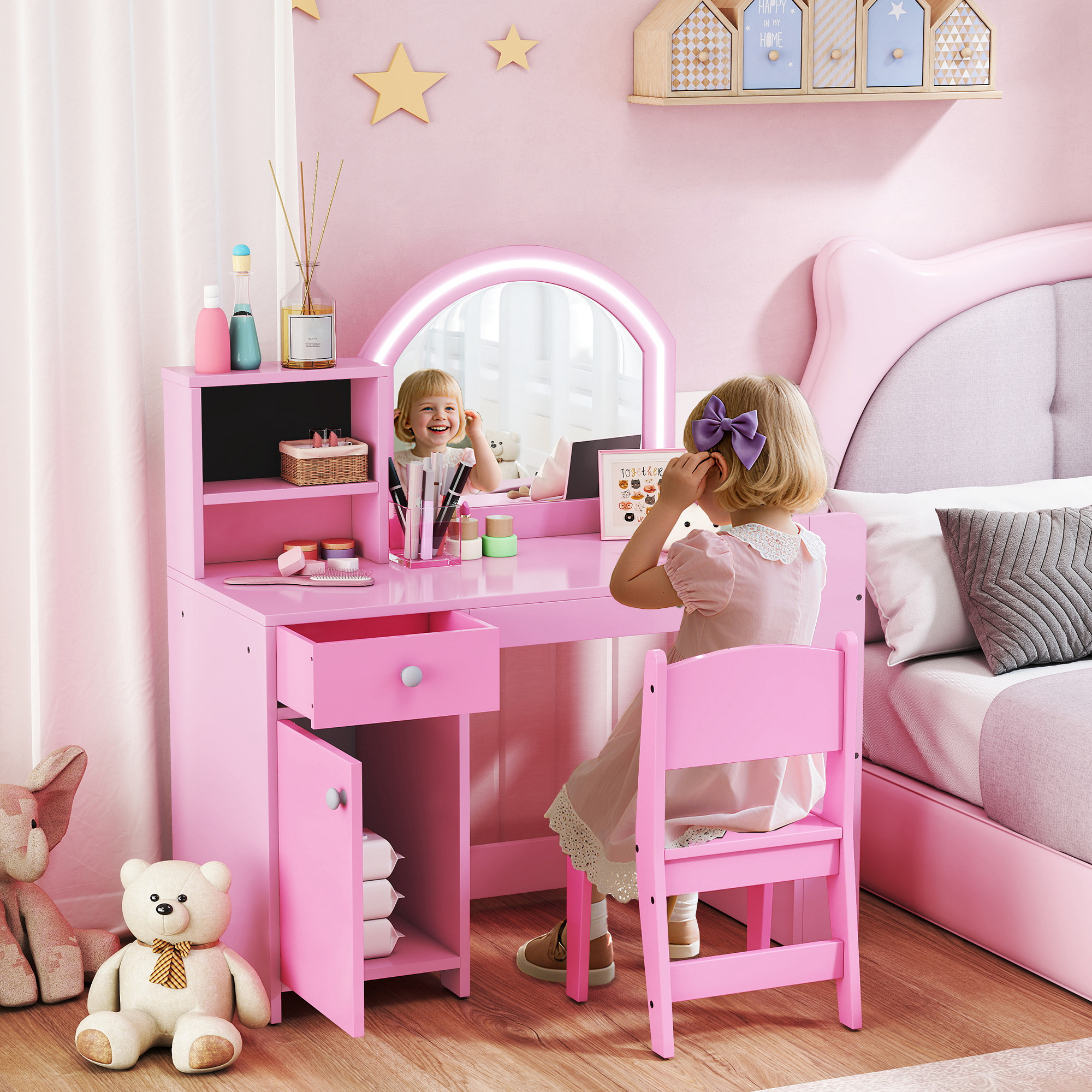 TEMU Pink Vanity Set For Kids By Qaba Featuring A Lighted Mirror, Stool, Cabinet, And Drawer