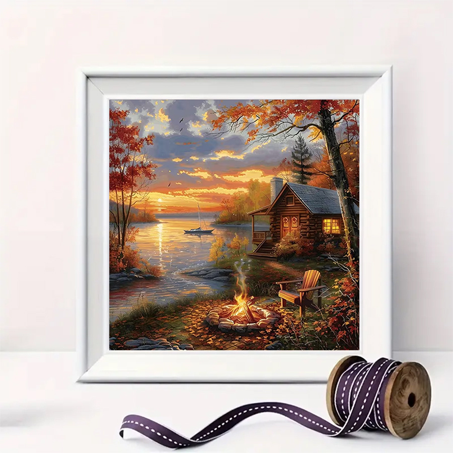 TEMU 1pc Large Size Round Acrylic Diamond Painting, Lake Cottage Autumn Scenery, Hand-sewn Mosaic Craft, Suitable For Home Wall Decor, Creative