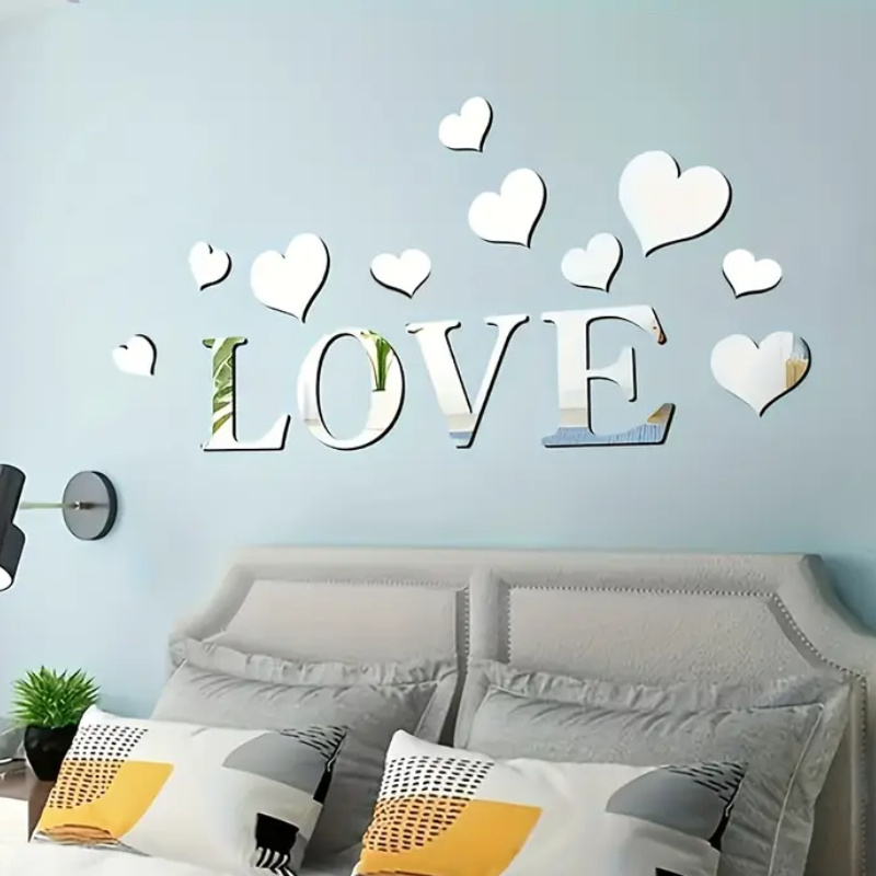 Image of 14pcs Love Sign Letters Heart Mirror Wall Sticker Self-adhesive Polystyrene Heart Mirrors Home Decoration Gift For And Families Wall Art Decor Removable Sticker For Living Room Bedroom