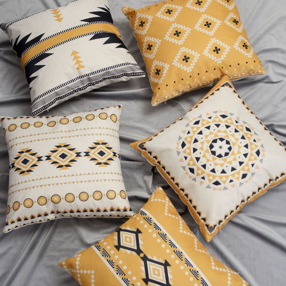 

5pcs Bohemian Geometric Pattern Linen Throw Pillow Covers, Decorative Cushion Cases, Machine Washable, Zipper Closure, With For Home, Fits Room Types - Yellow & Grey