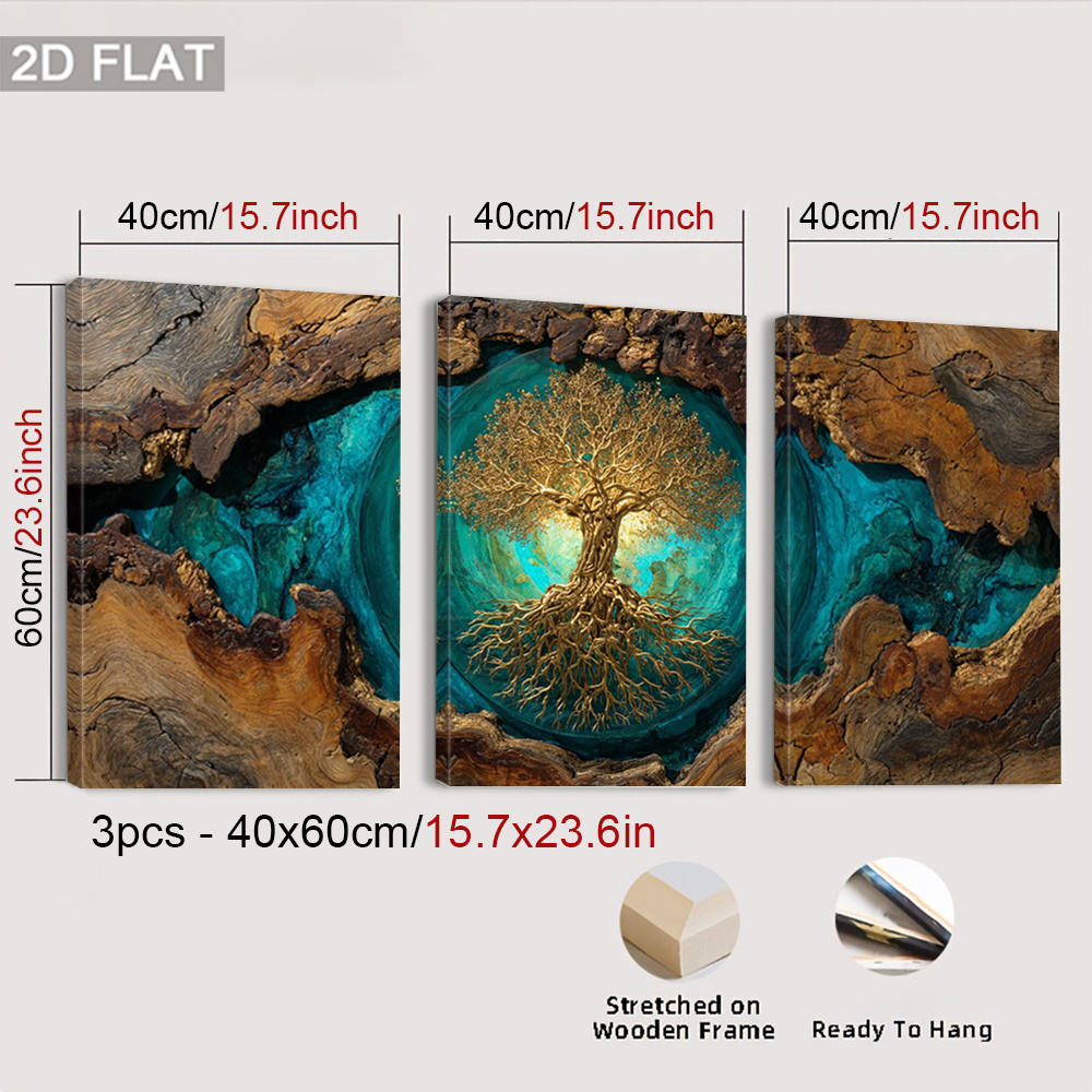 TEMU Art mural plat 2D, 3 pièces encadrées Arbre de Vie - Peintures verticales sur toile à texture bois pour salon, chambre, bureau - Style Art déco