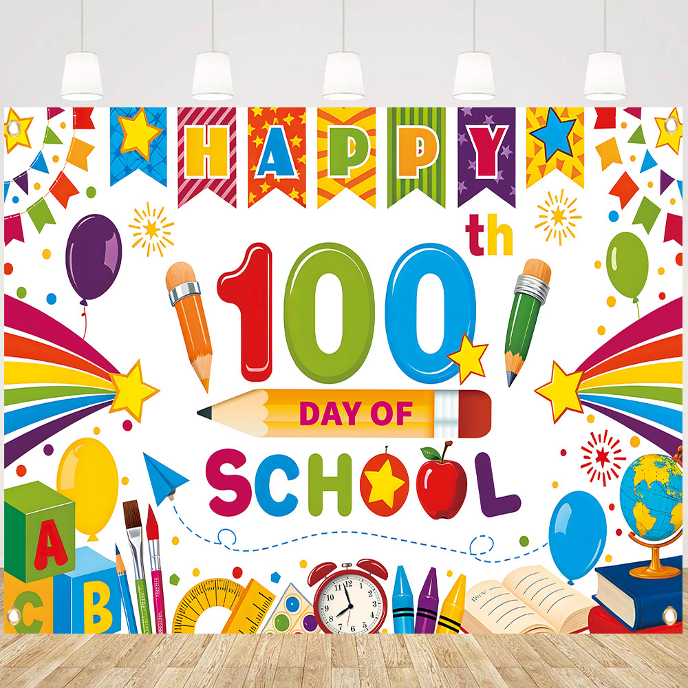 

100th Day Of School Celebration Banner - Polyester Party Backdrop For Teachers, Classroom & Outdoor Decorations, Photo Booth Prop