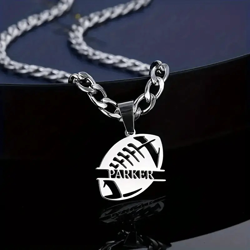 TEMU Personalized 202 202 Stainless Steel Football-themed Name Pendant Necklace, Sporty Style, Custom Engraved Name, Name Tag Pendant, Father's Day