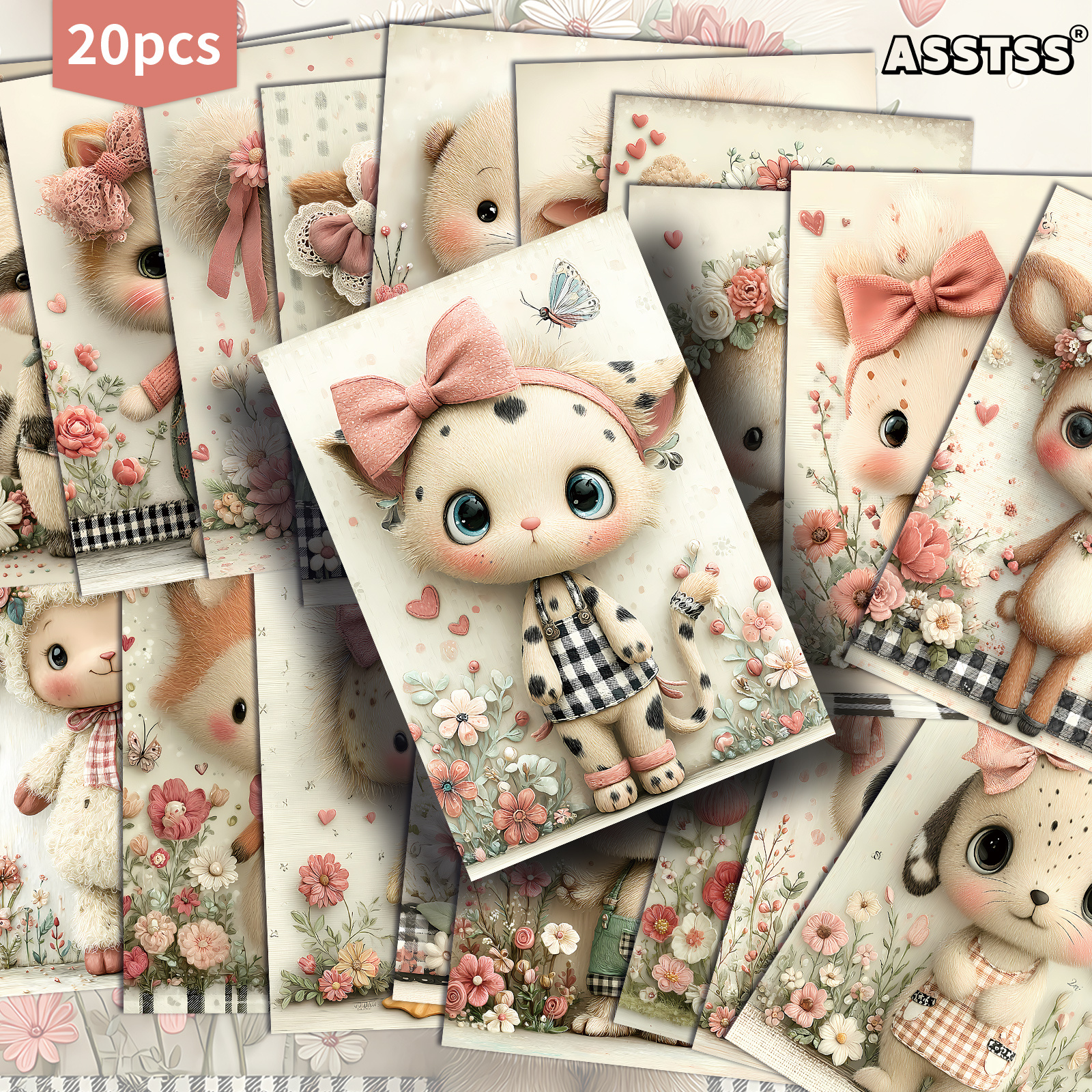 TEMU 20-pack Asstss Retro Cute Animal Pinup Cards - Vintage Paper Suitable For Crafting, Junk Journals & Collectible Gift Cards With Illustrations