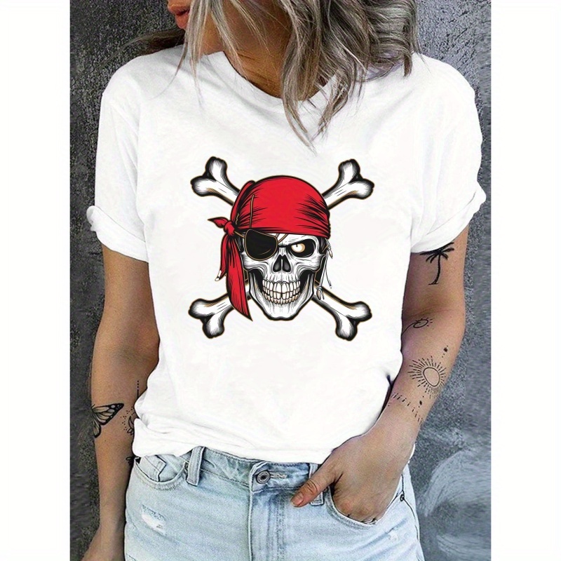 

Women's Pirate Skull Graphic T-shirt With - Casual Short Sleeve Crew Neck Top, Polyester , Machine Washable, Summer & Spring