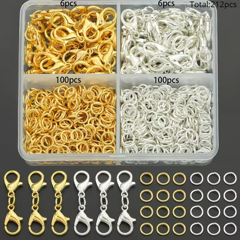 TEMU Kit de 212 pièces/boîte de connecteurs de fermoirs pour bijoux à faire soi-même, comprenant des rallonges de fermoirs à double pince de de 25 mm