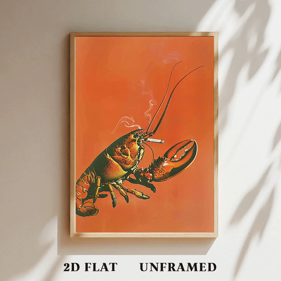 TEMU 2d Flat, 2d Flat, 2d Flat A Frameless Piece Featuring A Lobster Smoking, Printed On Canvas With A Red Background. This Vintage Wall Art Is