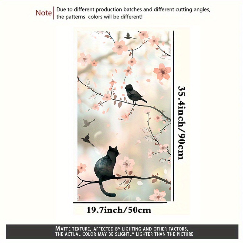 TEMU 1pc Artistic Cat & Birds With Blossoms Window Film, 19.7x35.4inch Matte Texture Static Cling, Pvc Material, Thickness, For Bedroom & Living Room
