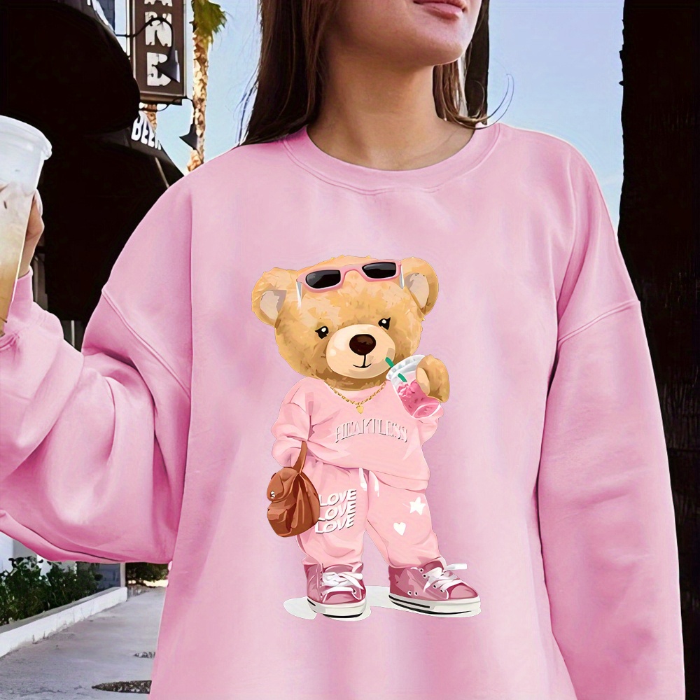 

Cute Bear Printed Round Neck Sweatshirt, Long Sleeve Casual Pullover Sweatshirt, Women's Activewear, Autumn Winter, Plus Size