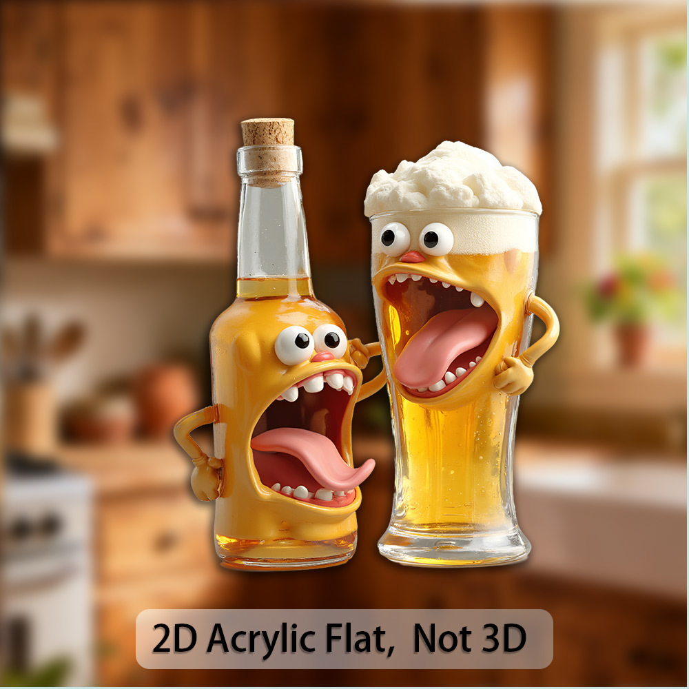 1pc 2d Flat Acrylic & Rubber Soft Magnet | Anthropomorphic Beer Duo - Whimsical Cartoon Bottle & Glass With Faces & Fun - Perfect For Beer Lovers, Birthday Gifts & Fun Decor, 2d Flat