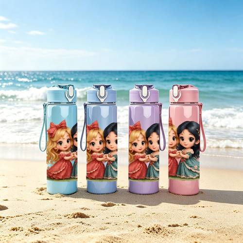 1pc double brown hair long dress portrait warm companionship illustration 750ml 26oz colored plastic sports water bottle cute printed design leak proof up lid lightweight and durable large capacity reusable suitable for office gym
