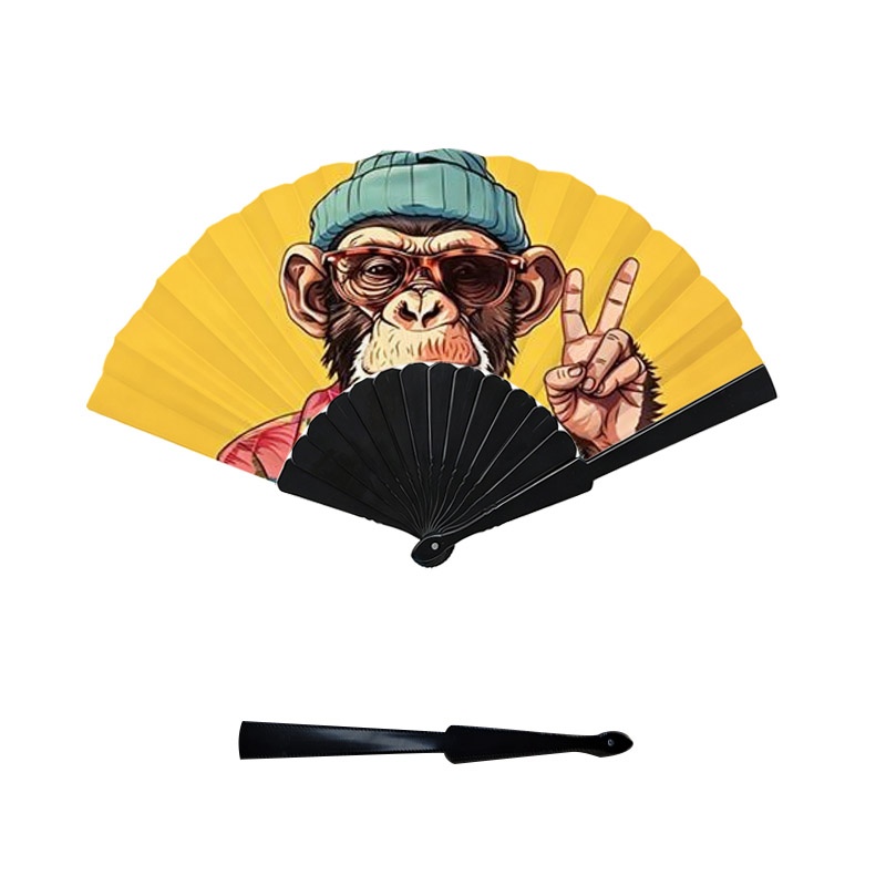 TEMU Vintage Bohemian Style Chimpanzee Illustration Hand Fan, 1pc Plastic Fan Frame And Blade, Fashionable Accessory, Ideal Gift For And Couples On