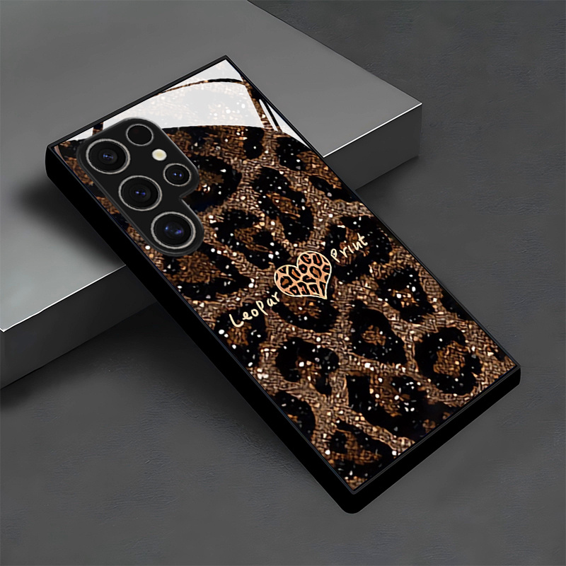 TEMU Phone Case: Creative Brown Heart Leopard Print Minimalist Fashion Pattern Glass Phone Case For Galaxy S26/s25/s25 Plus/s25 Ultra/s24/s24 Fe/s24