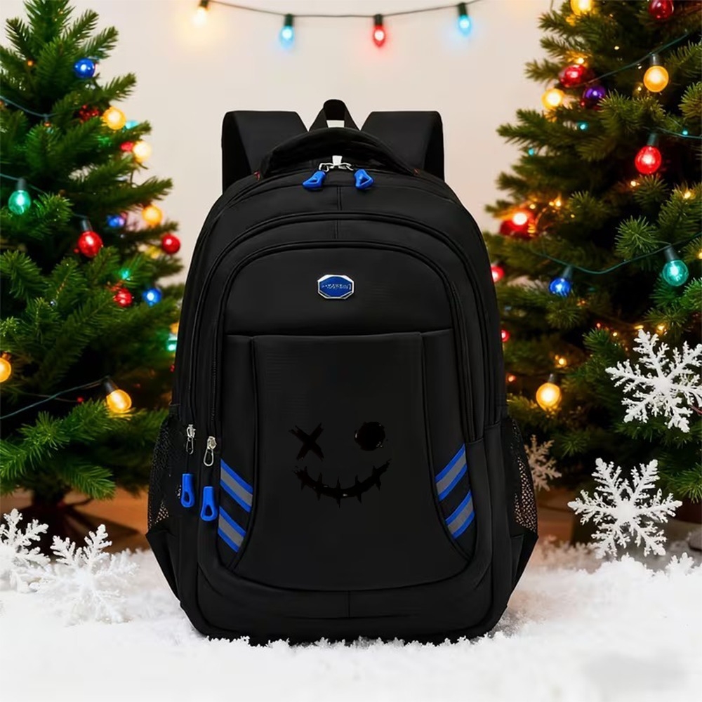 TEMU Large-capacity Dark Fanged Face Backpack Suitable For Teens, School & Travel With Laptop Compartment, Adjustable Straps & Reflective Strips -