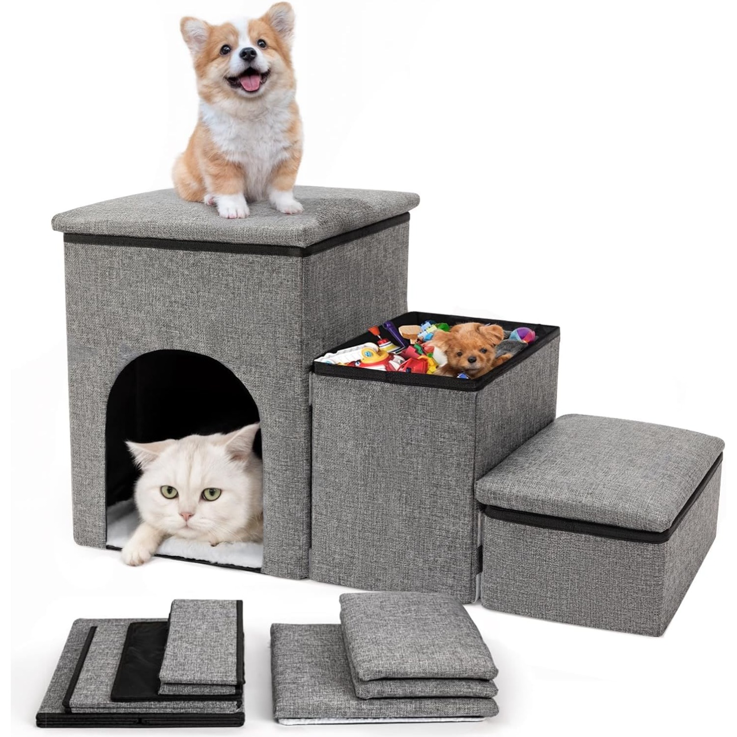 3-in-1 Dog Stairs For Bed & Sofa - Foldable Pet Steps With Dual Storage, Secure Anti-slip Lids & Cozy Top Pet House - Ideal For Small, Senior, Short-leg & Injured Pets