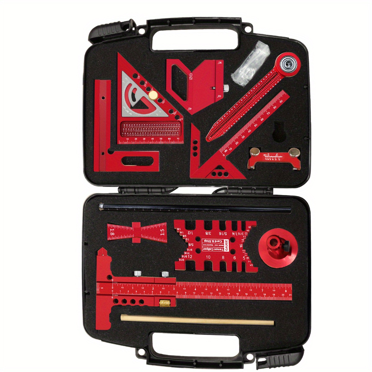 10件套木工测量工具套件带收纳箱，木工项目规划布局木板拼接辅助套件：多角度组合三角尺，定角磨刀器，燕尾规，欧式划线器，卡规，卡尺标尺二合一，中心划线器，直尺夹，画圆规 商品详情 6