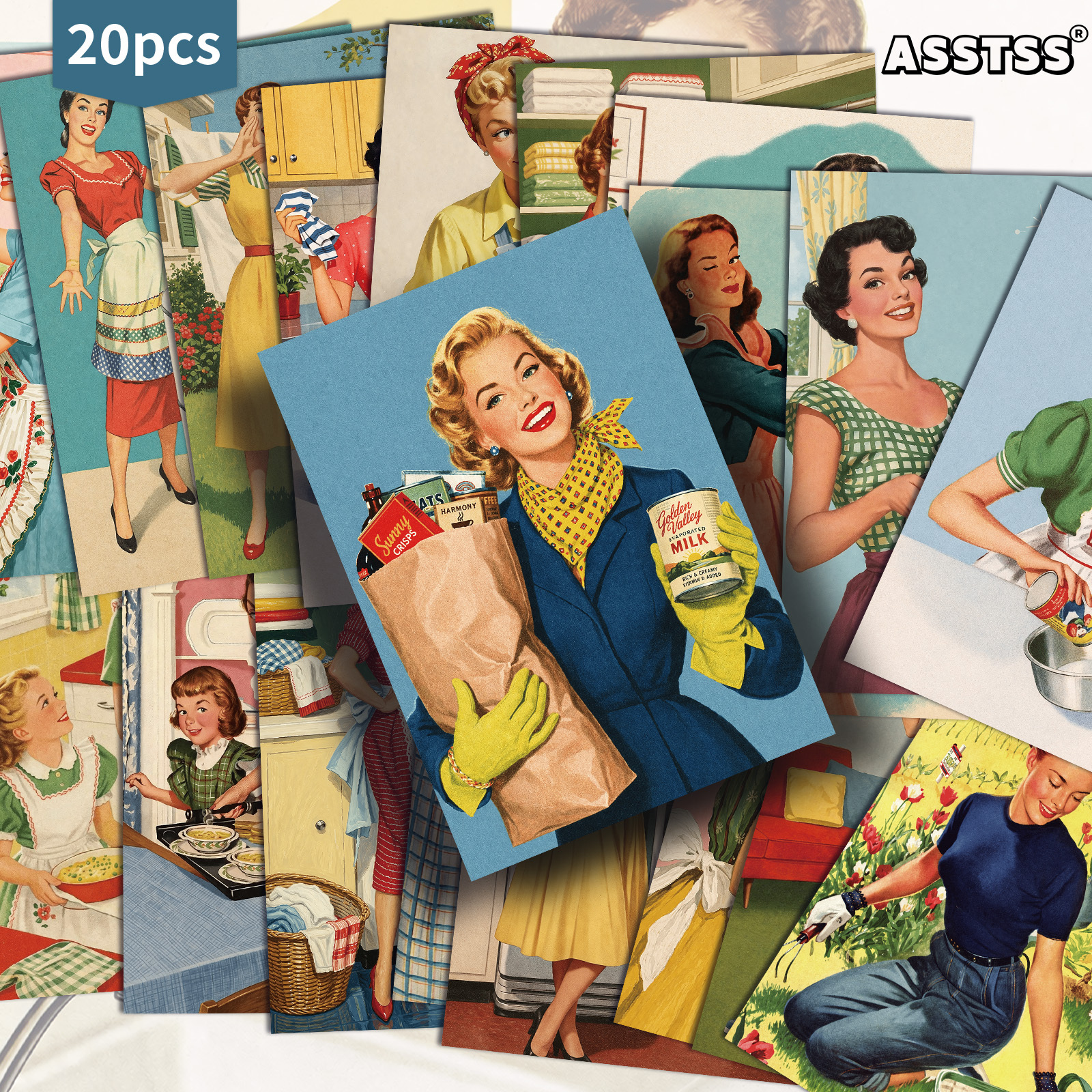 TEMU 20pcs Asstss Pack Vintage 1950s Postcards Suitable For Scrapbooking & Crafting - Retro Pinup , Personalizable Classic Illustrations, 4x6 Junk