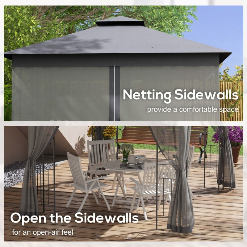 10' x 11.5' Gray Metal Gazebo with Double Roof, Tree Motif Frame and Netting, Durable Outdoor Canopy Shelter for Garden, Lawn, Backyard or Deck.