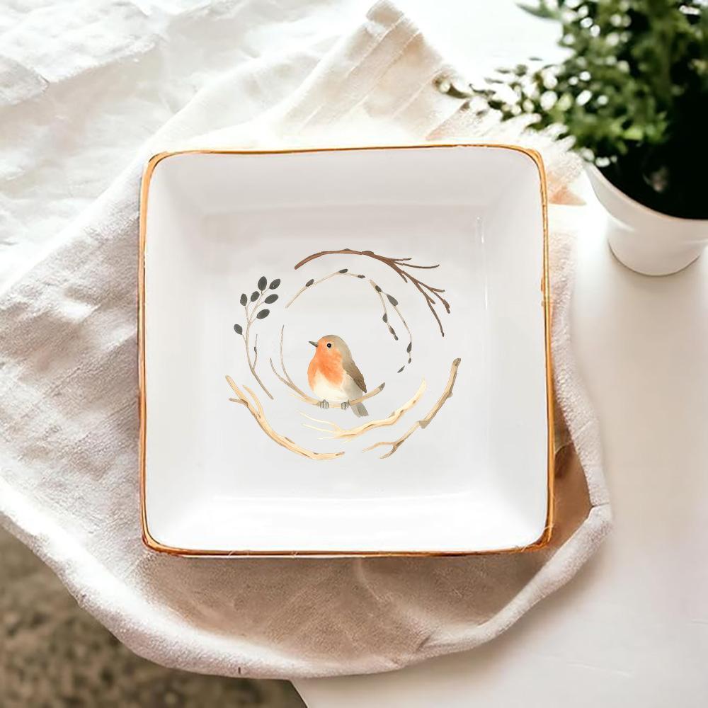TEMU Vassoio Decorativo in Ceramica con un Piccolo Uccello su un Ramo - Decorazione Elegante per la Casa, Organizer per Gioielli, Porta Chiavi e