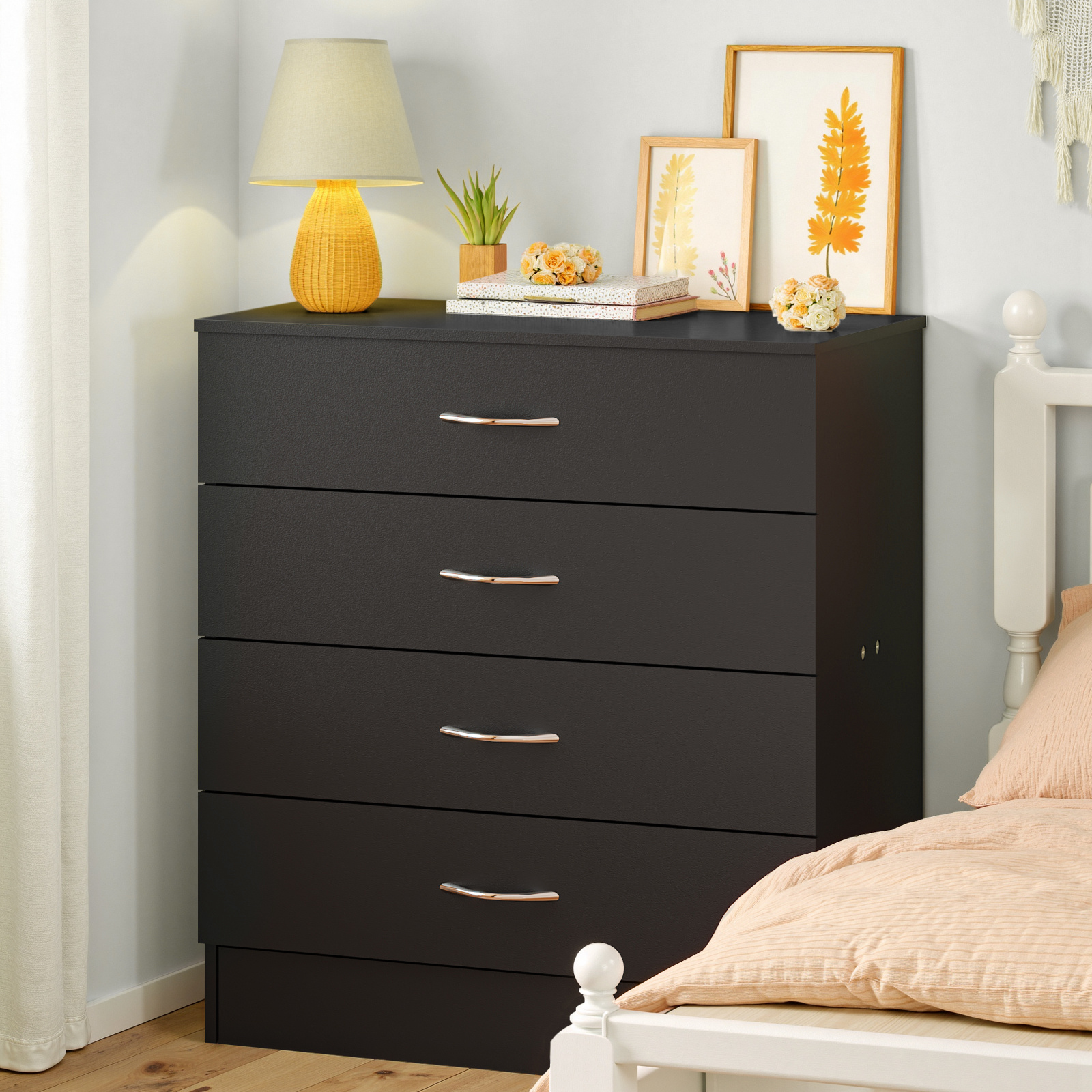 Image of Modern 4-drawer Dresser With Spacious Storage Chest - Assembly Multifunctional Nightstand & End Table Suitable For Bedroom, Living Room - Compact Bedside Cabinet With 4 Drawers (black)