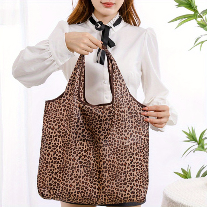 chic leopard print foldable shopping bag     polyester   groceries clothes storage travel gifts details 6