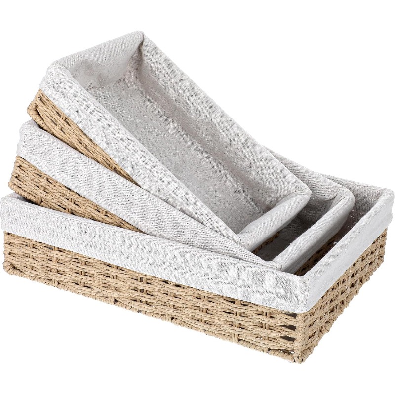 Image of 3-pack Small Wicker Baskets For Organizing, Paper Rope Storage Basket, Desk Basket With Liner, Hand Towel Baskets, Drawer Organizing Baskets, Toilet Tank Basket