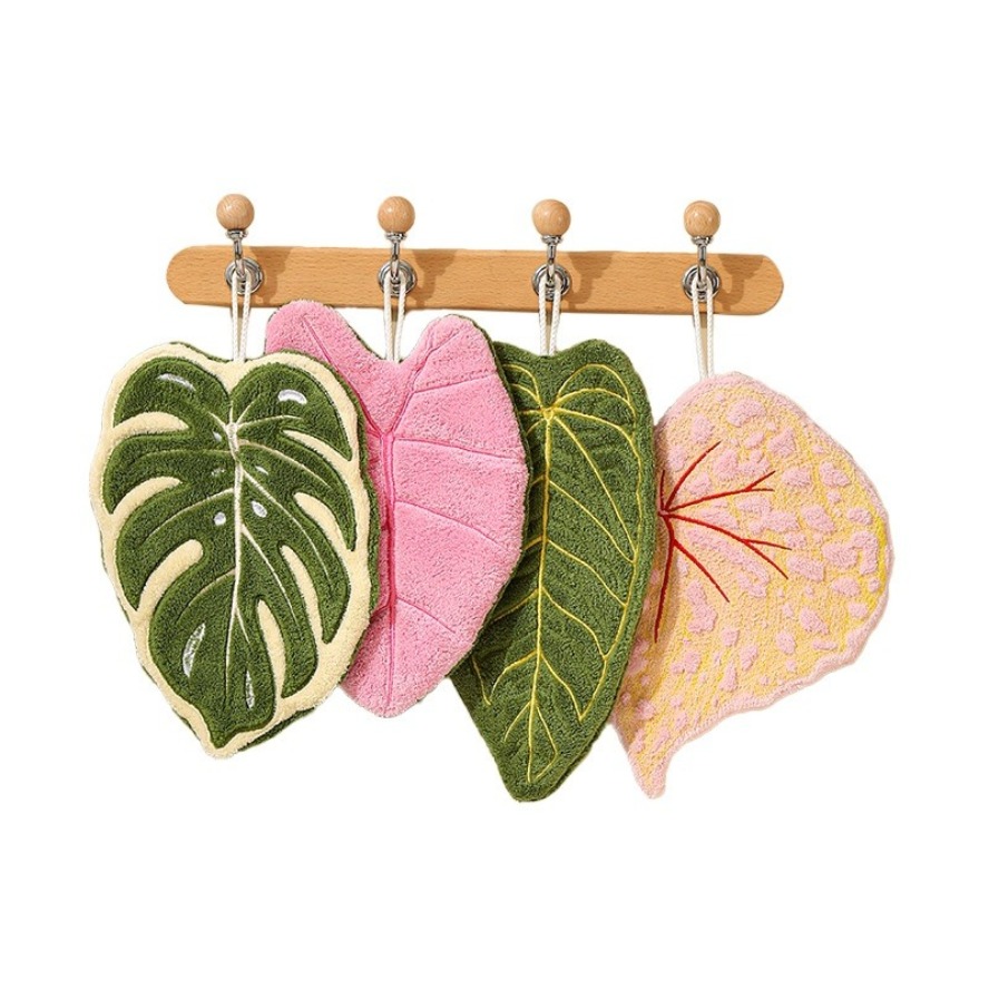 TEMU 4pcs Tropical Plant Pattern Hanging Hand Towel, Coral Double-layered And Extra Thick For Strong Absorbency, Quick-drying, Oil-resistant, Easy To