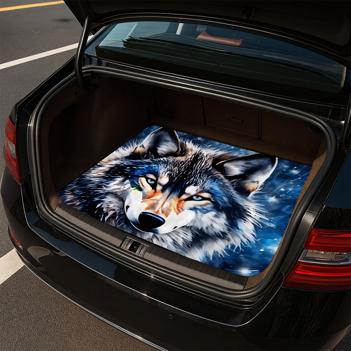 TEMU Universal 2d Flat Printing Non-slip Car Trunk Mat, Starry Sky Background With Realistic And Wolf Head , Non-slip Rubber Floor Mat, Durable