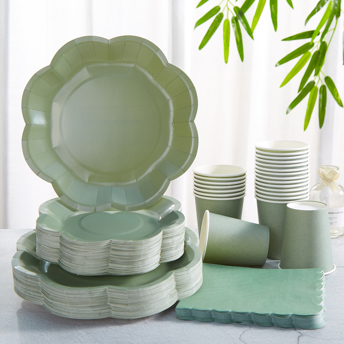 disposable party tableware set featuring sage green petal Temu