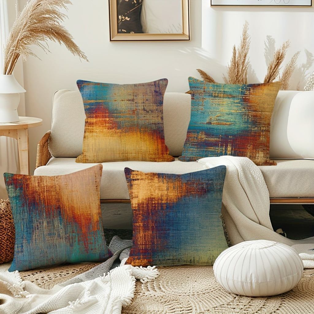 

4pcs Abstract Art Cushion Covers, Blue Yellow Brown Irregular Pattern, -friendly Polyester, Zip Closure, Hand Wash Only, 45x45cm - Ideal For Room Sofa, Without Pillow