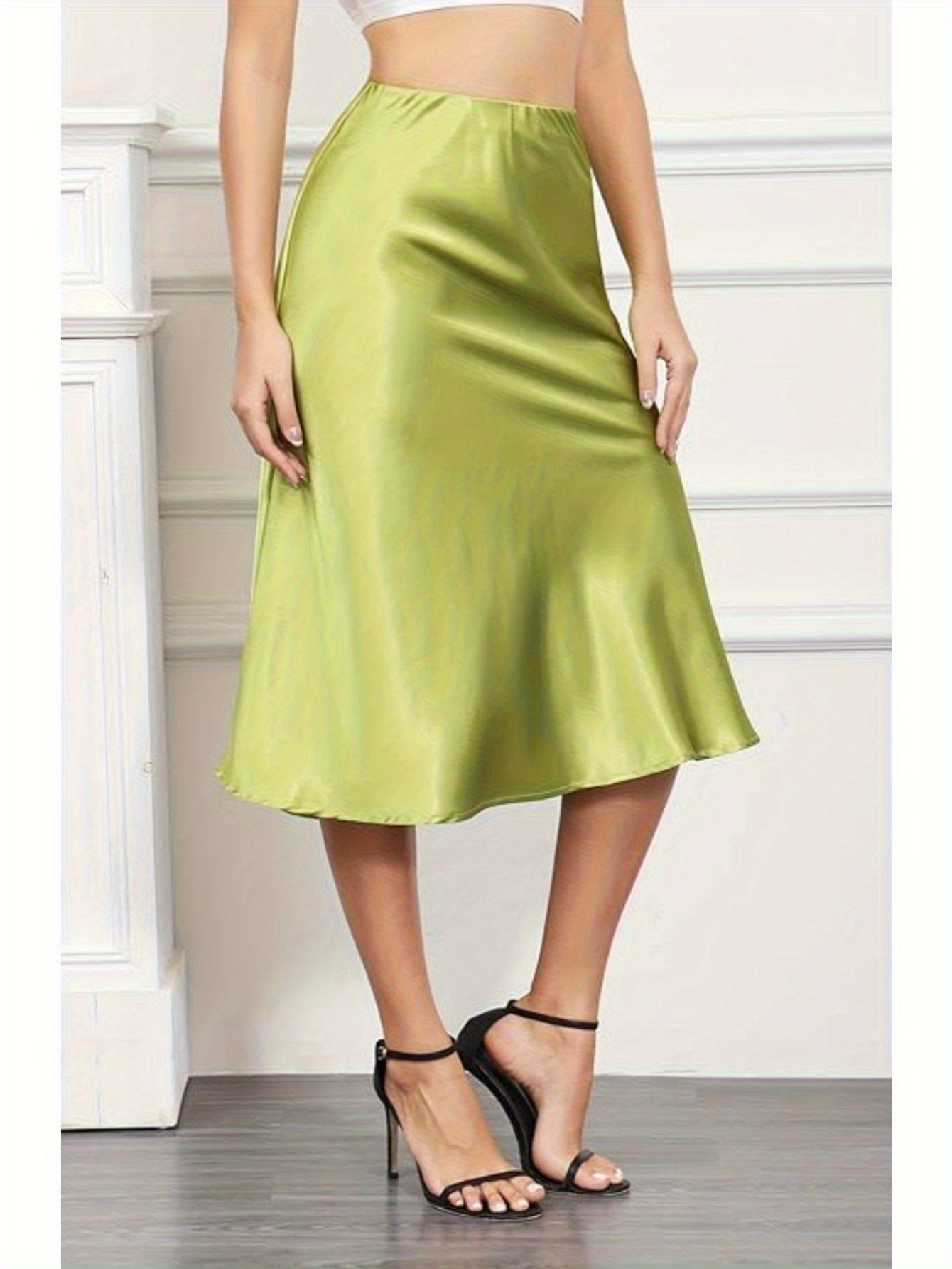 Chic a Line Midi Skirt in Satin High Elastic Waist Women