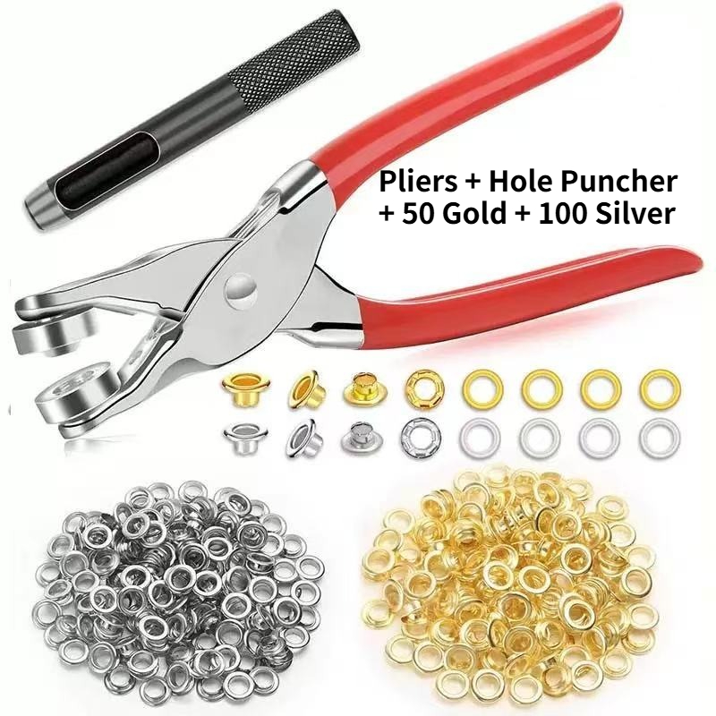 TEMU 152pcs 1 Set Manual Eyelet Punch Tool/golden ร 50 Silvery Buttons 100pcs + 1 Metal Pliers + 1 Hole Punch - Stainless Steel Manual Craft Kit,