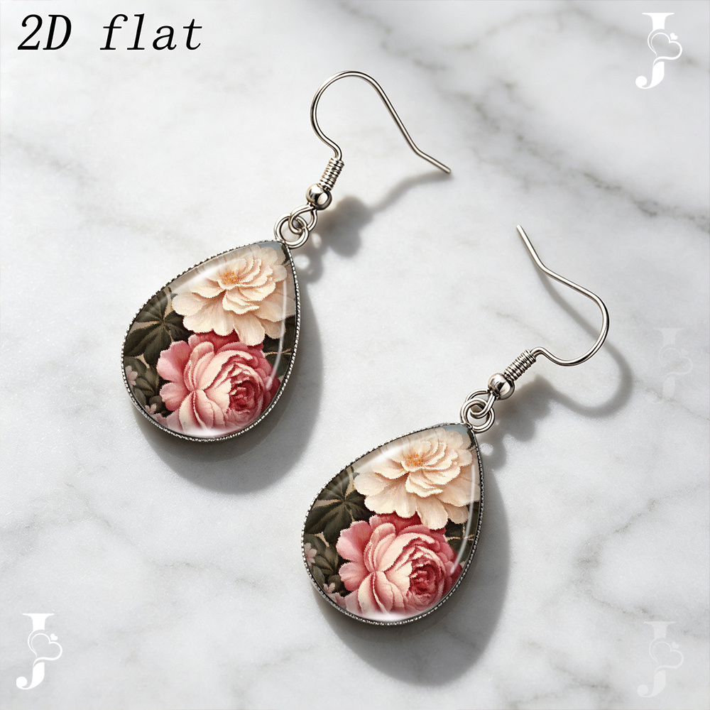 Vintage Pink Peony Floral Pattern Dangle Earrings