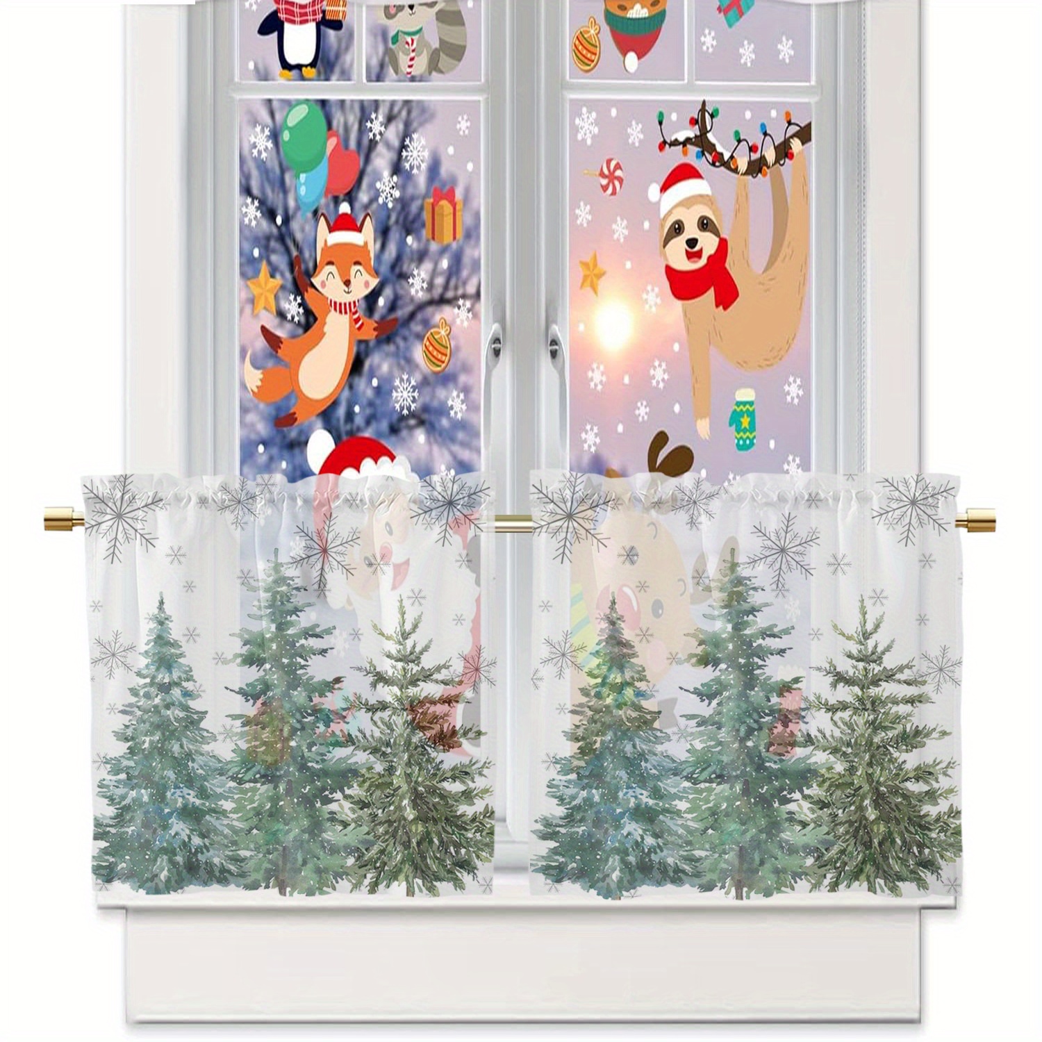 TEMU 2pcs Christmas Red Snowman Tulle Sheer Curtain Set, Pole Pocket Decorative Curtains, Translucent Small Curtains, Light Filtering Tulle Curtains