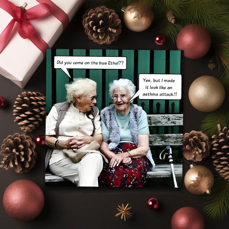TEMU A Humorous And Sarcastic Birthday Card For Your For Best Friend, Featuring 2 Elderly Women Sitting On A Bench. This Card Makes A Great Gift For