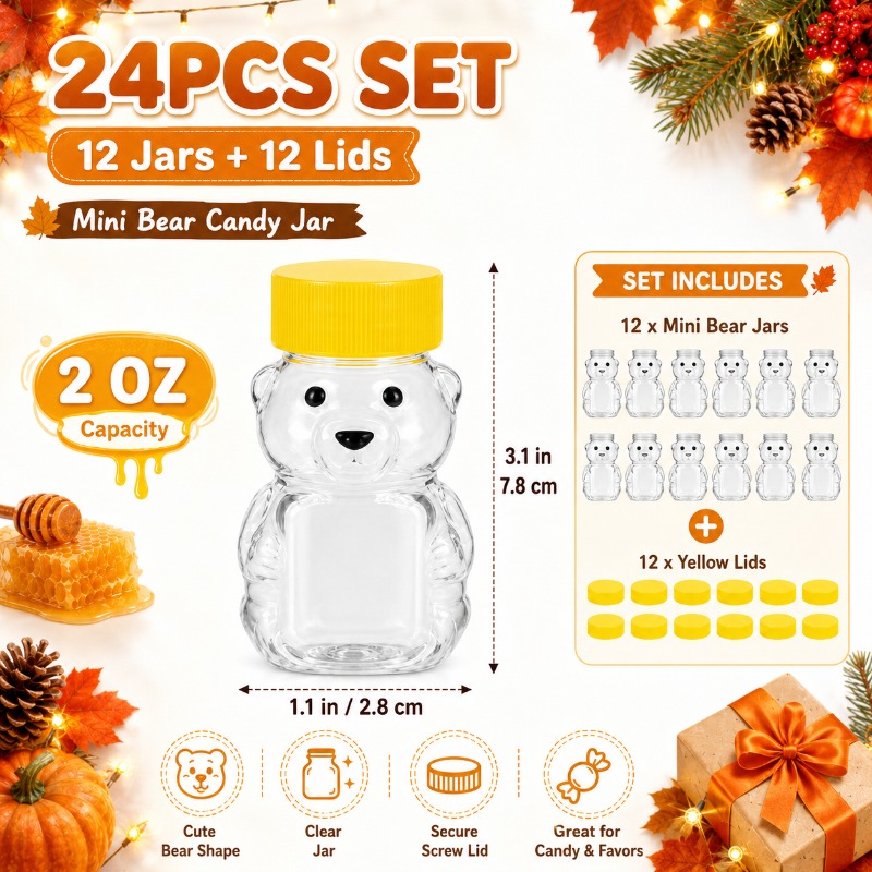 TEMU 24pcs Mini Jars Set, 12 Clear Bear-shaped Treat Containers + 12 Yellow Lids, Christmas Party Favors, Thanksgiving Dessert Table Decorations,
