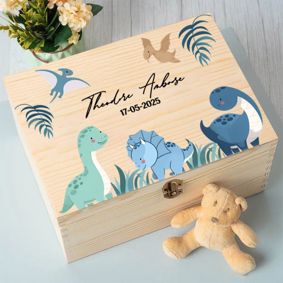 TEMU A Custom-made Wooden Storage Box With Personalized Information Like Date, Name, Etc., Featuring Cute Dinosaur Patterns. A Practical Gift For