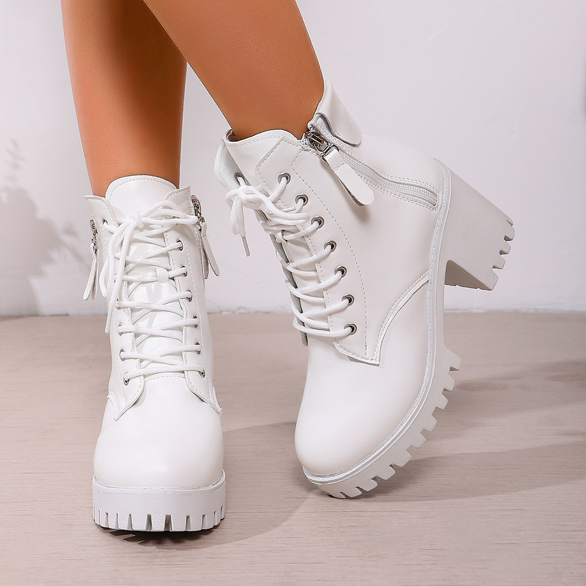 TEMU Women's Platform Ankle Boots With Chunky Heel, Lace Up Combat Boots With Side Zip, Fashion Round Toe Mid Calf Short Boots For Fall Winter Casual