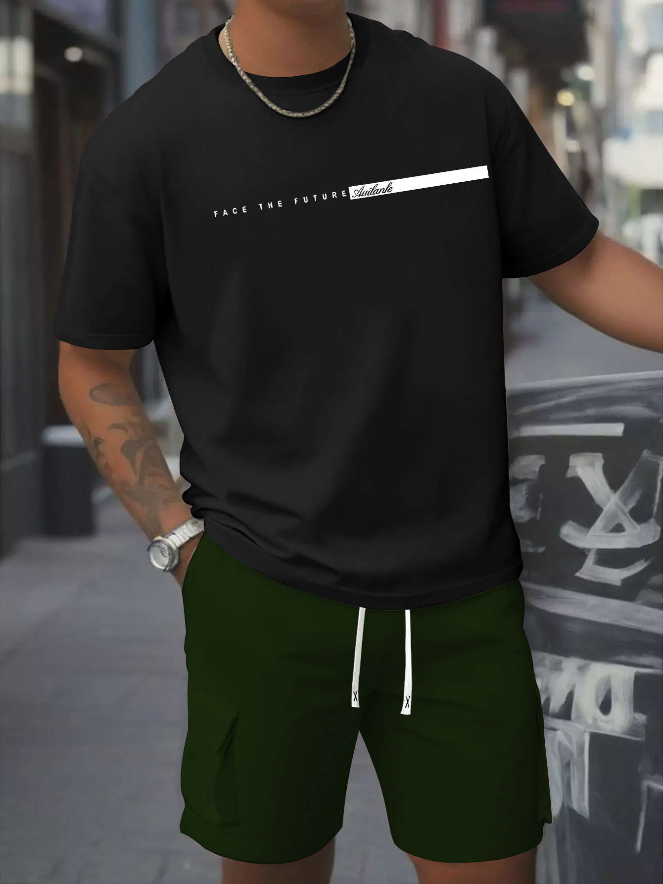 Print Men'S 2pcs Set, Round Neck Pure Cotton T-shirt Short Sleeve T-shirt and Work Shorts Set, Suitable for Spring and Summer Exercises