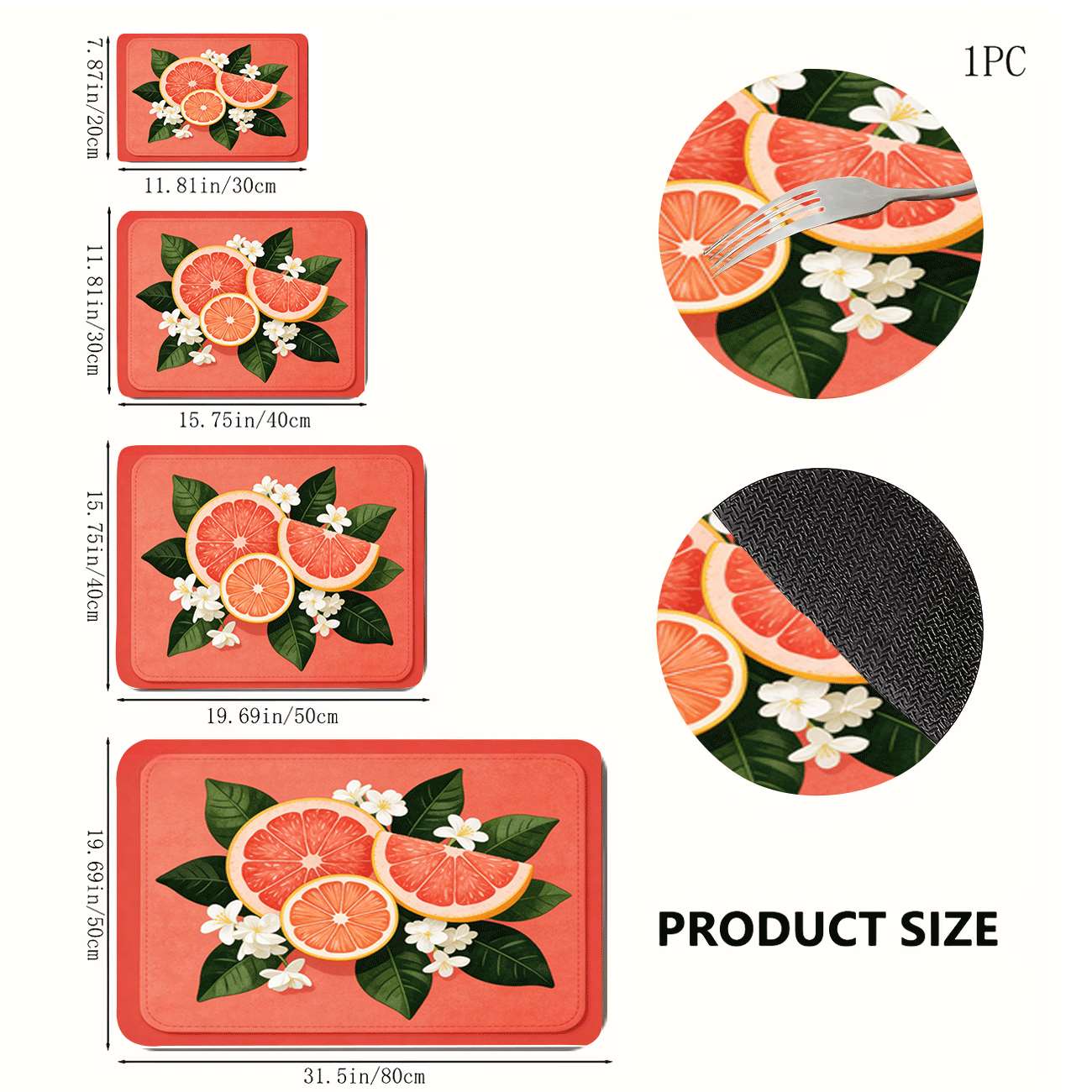 TEMU 1pc Super Absorbent Quick-drying Non-slip Kitchen Mat Coffee Mat - Kitchen Countertop Dish Drying Mat, Grapefruit With Green Leaves And White