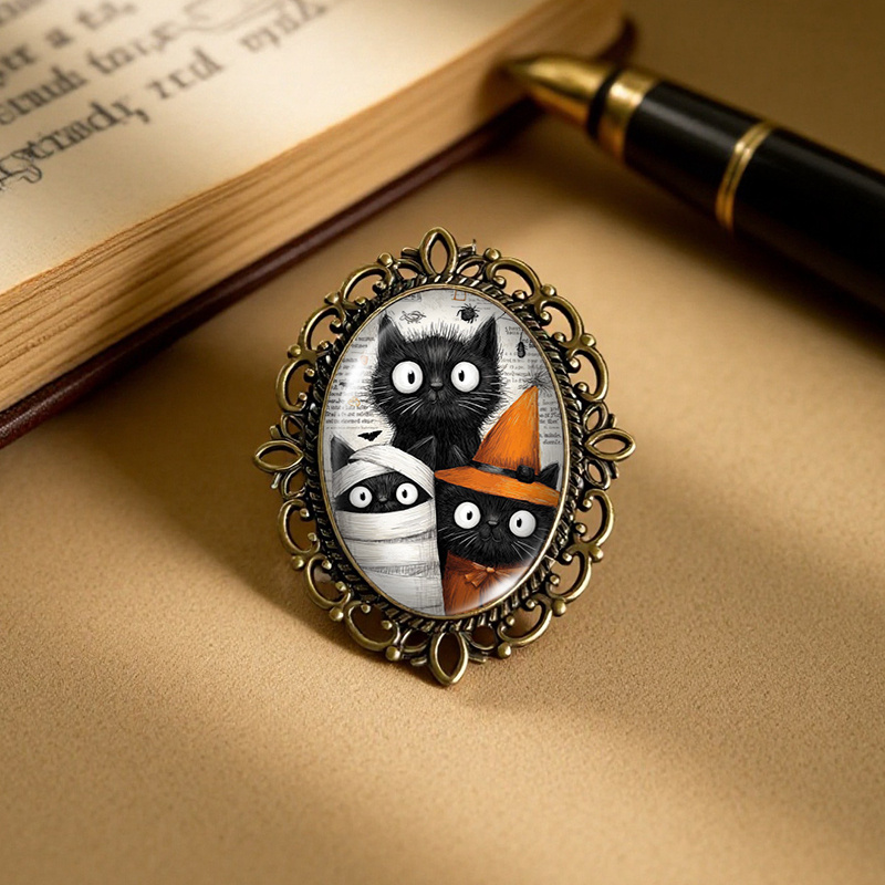 TEMU 1 pieza Broche de papel de gato de Halloween, broches ovalados de cristal con de encaje, accesorio para ropa y mochila, regalo para